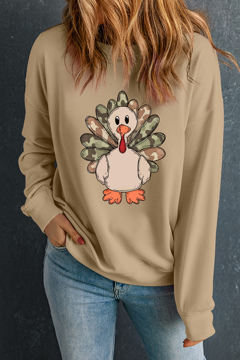 Khaki Camouflage Turkey Print Thanksgiving Fashion Graphic Sweatshirt - loveforevers