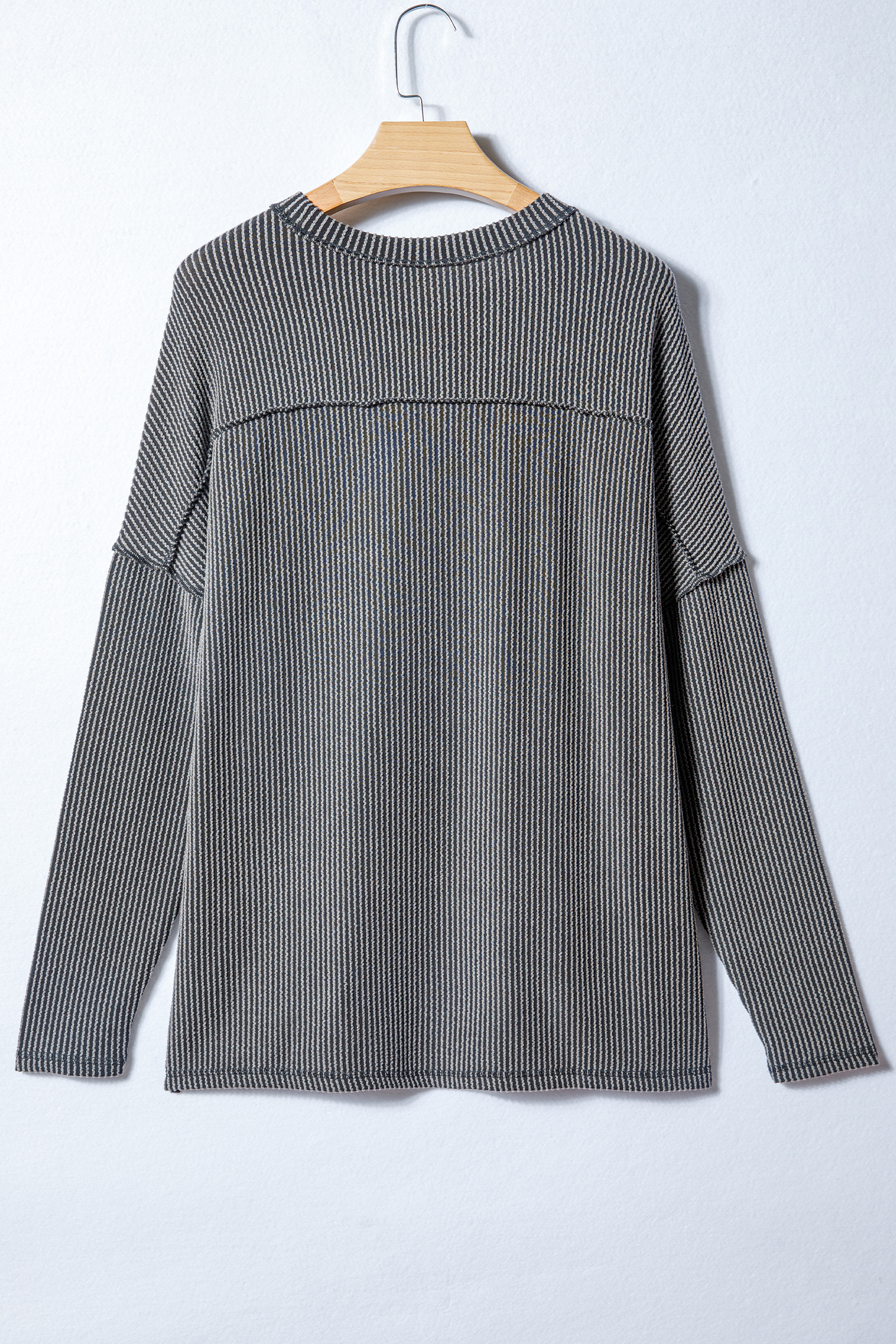 Dark Khaki Twist Ribbed Exposed Seam Detail Long Sleeve Loose Top - loveforevers