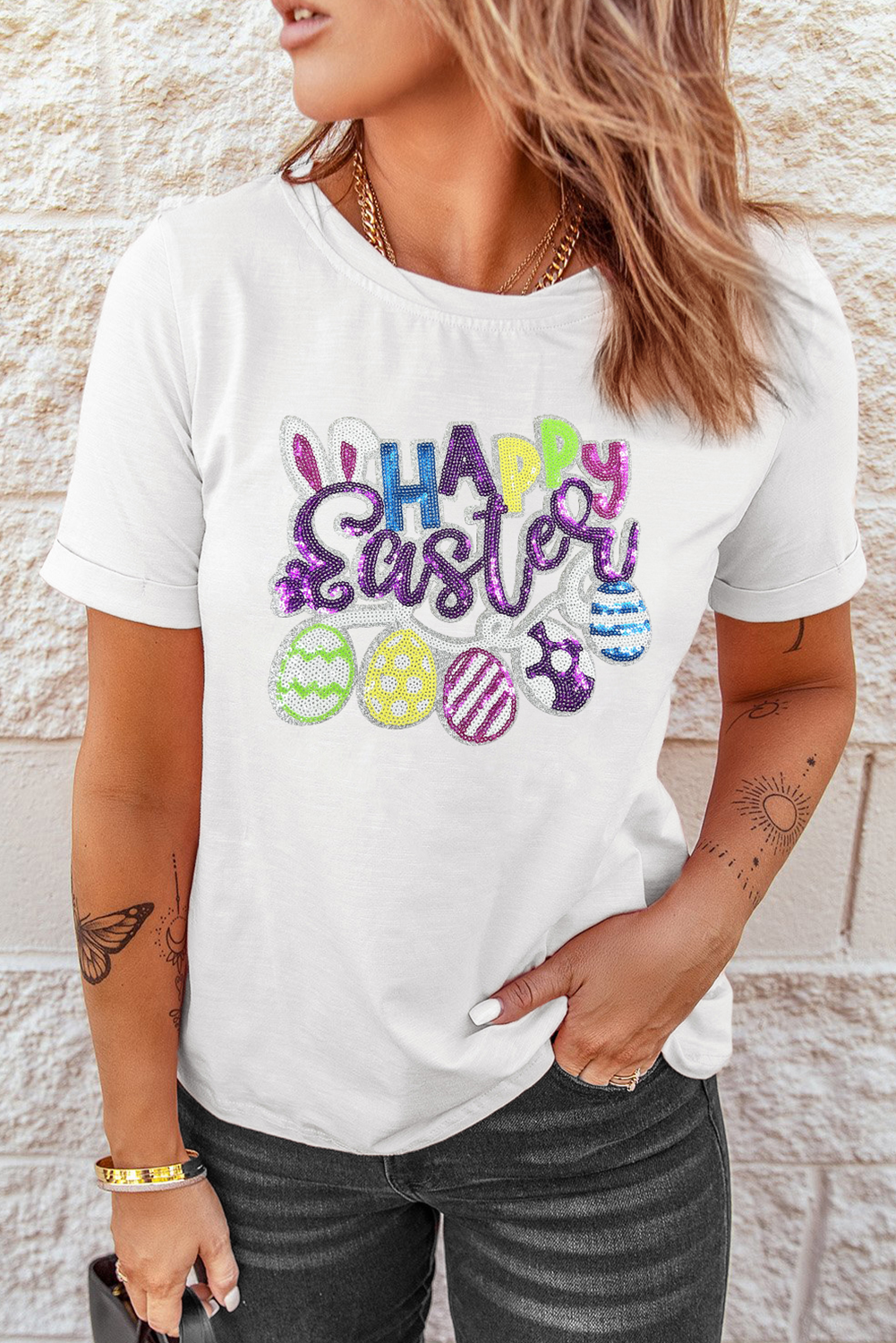 White Happy Easter Sequin Patched Casual Tee - loveforevers