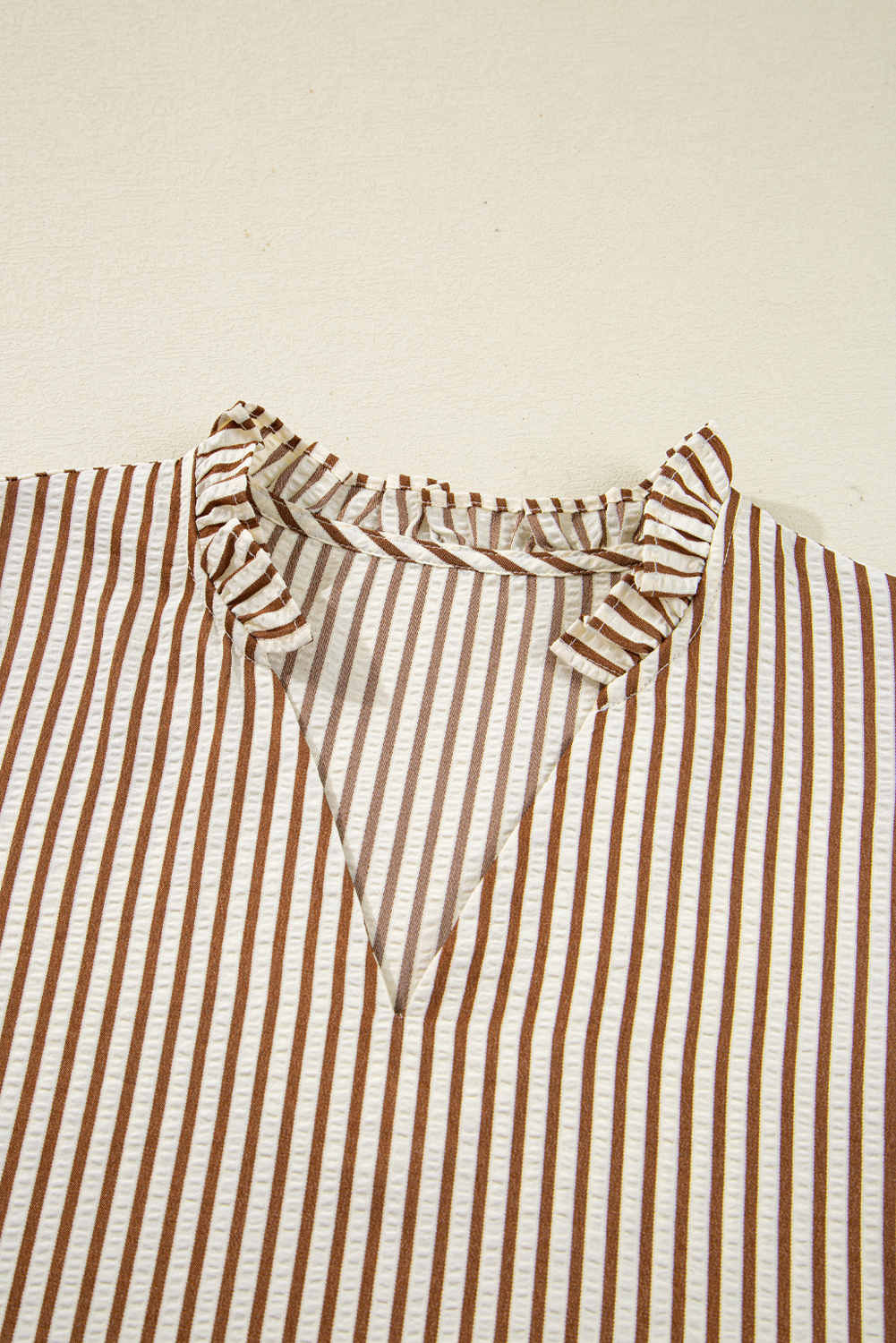 Straw Yellow Striped Print Tied Cuffs Split Neck Seersucker Blouse - loveforevers