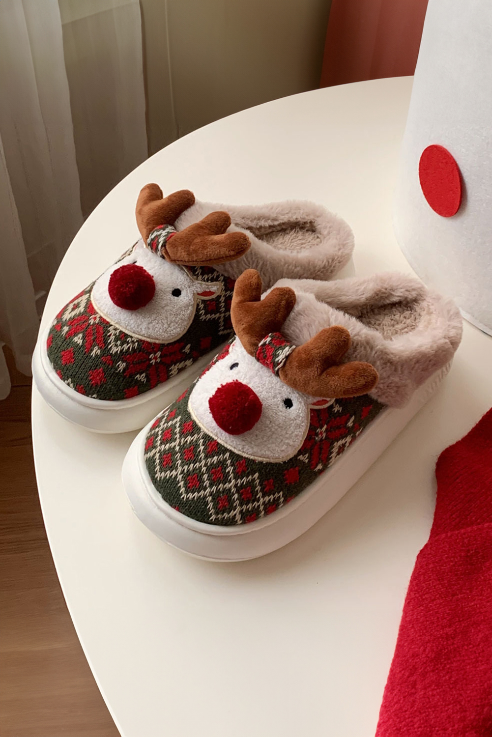 Dark Green Christmas Cartoon Reindeer Plush Home Slippers - loveforevers