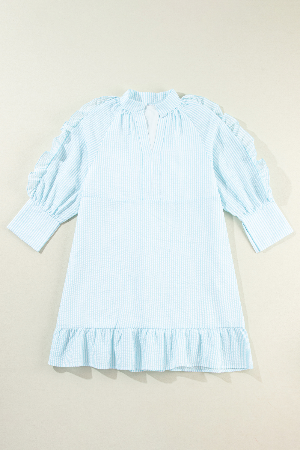 Myosotis Seersucker Ruffled Puff Sleeve Stand Neck Mini Dress - loveforevers