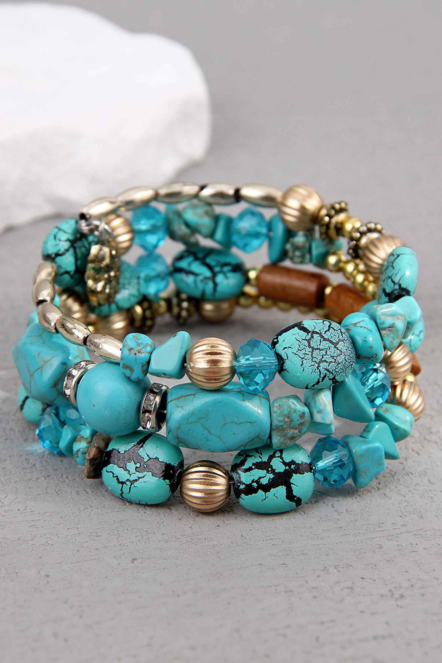 Turquoise Bohemian Style Crystal Stone Plated Bead Multi-Layer Winding Bracelet - loveforevers