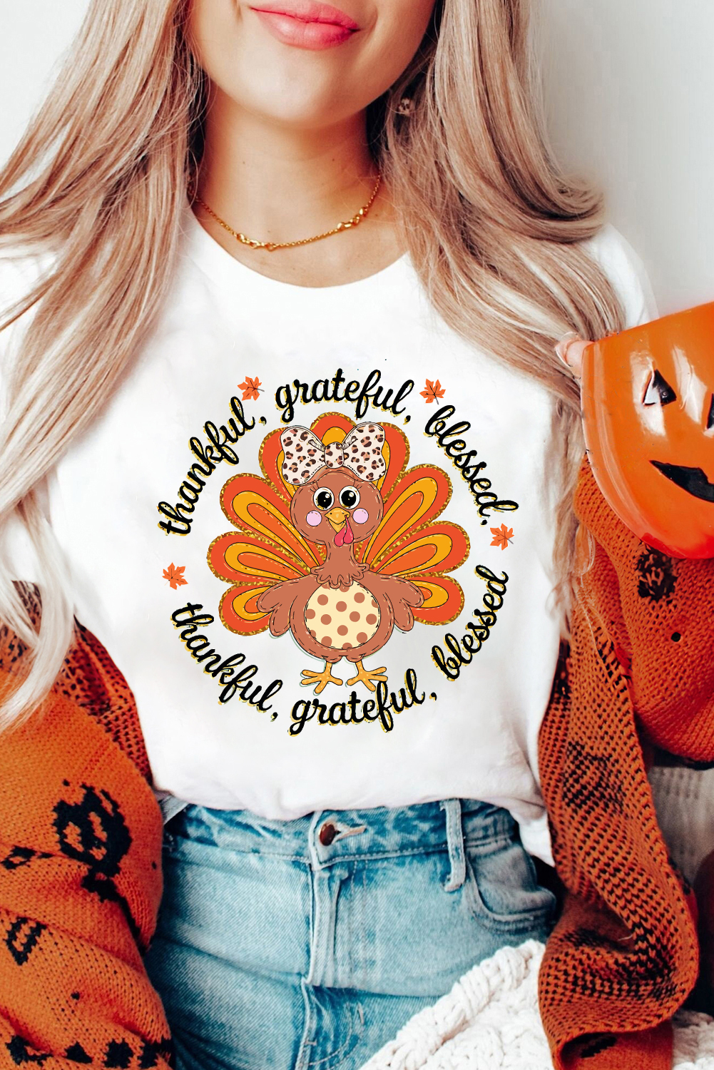 White Thanksgiving Cute Turkey Print Cotton Blend T Shirt - loveforevers