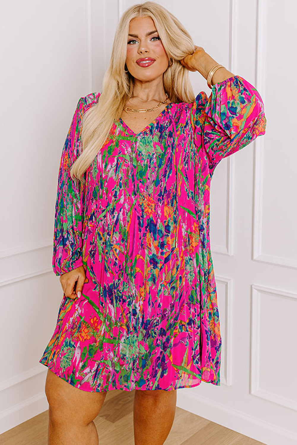 Rose Plus Size Abstract Floral Print Pleated Loose Dress - loveforevers