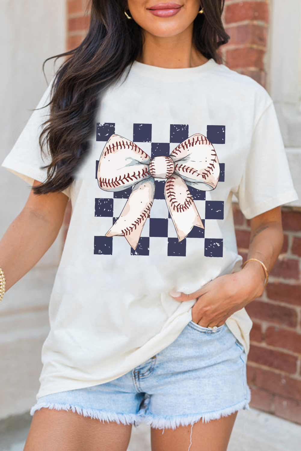 White Checkered Rugby Bowknot Graphic Crew T Shirt - loveforevers