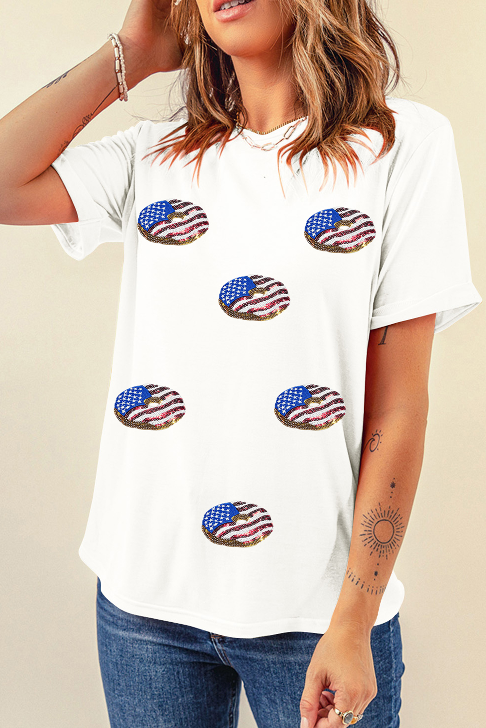 White Sequined Flag Pattern Donuts Graphic T Shirt - loveforevers