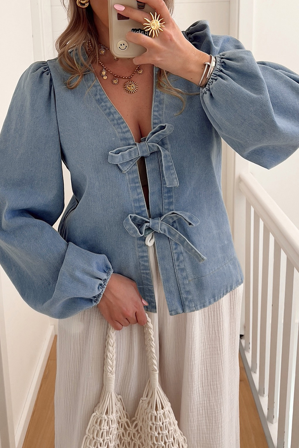 Dusk Blue Tied Front Long Puff Sleeve Denim Top - loveforevers