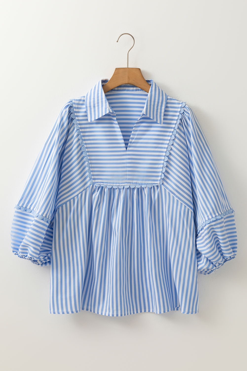 Sky Blue Stripe Shirt Collar V Neck Ricrac Trim 3/4 Puff Sleeve Blouse - loveforevers