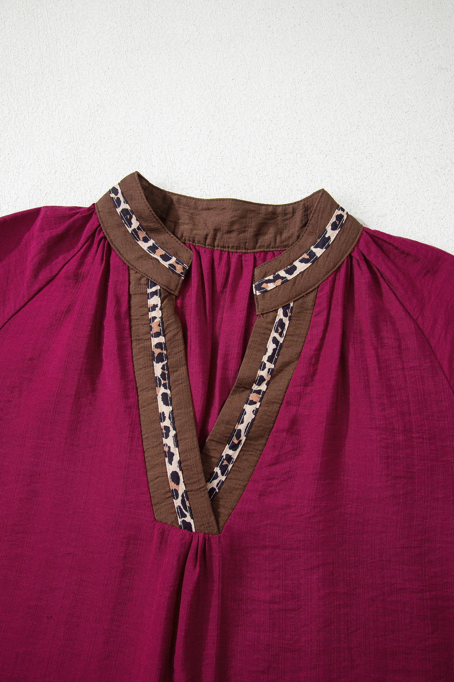 Dirty blue Leopard Trim V Neck Flounced Bracelet Sleeve Blouse - loveforevers