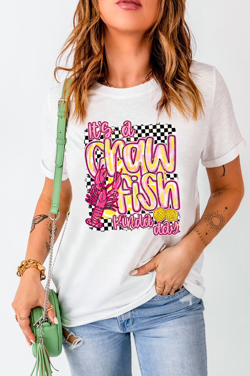 White Crawfish Checkered Pattern Graphic Tee - loveforevers