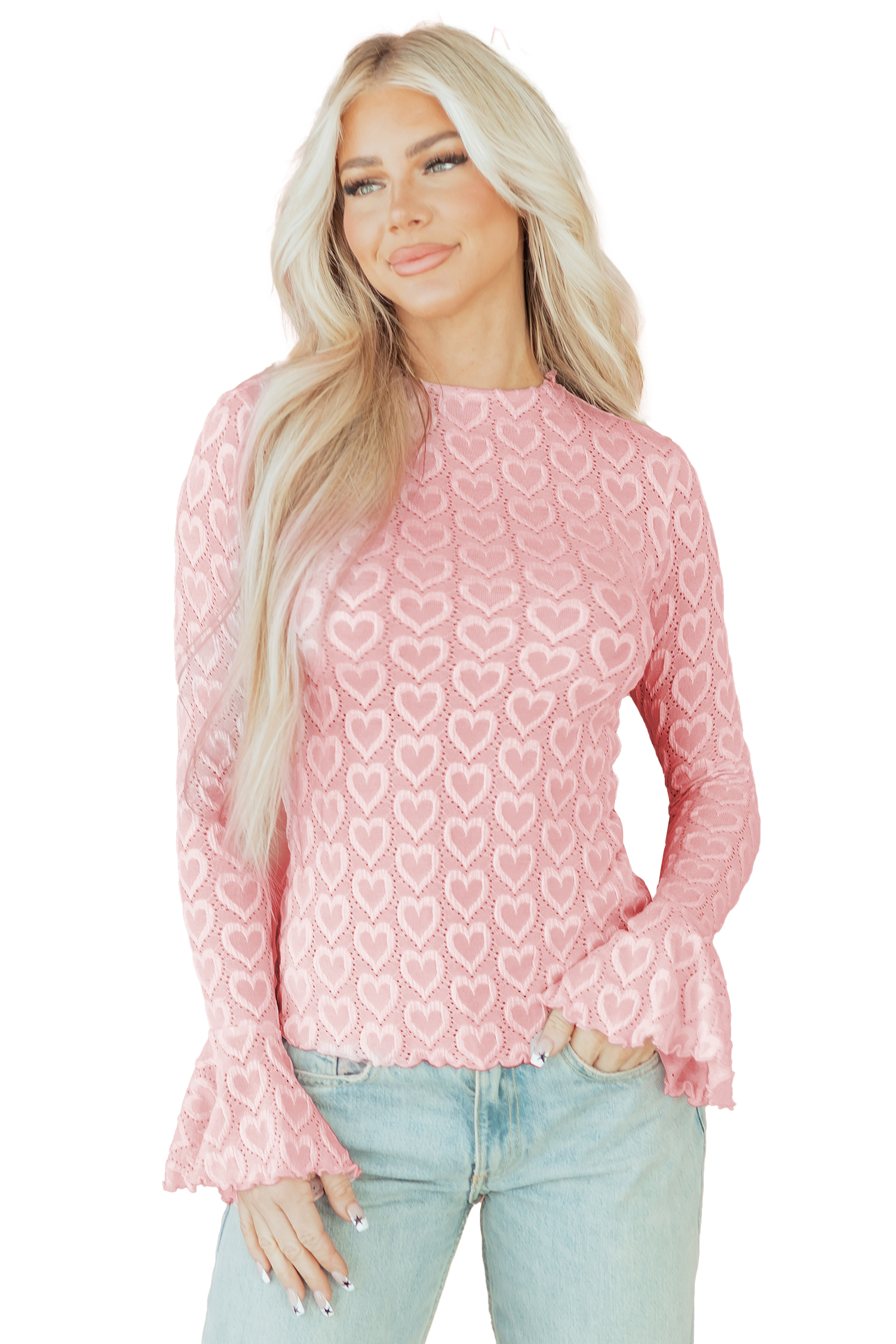 Gossamer Pink Heart Jacquard Flare Sleeve Mock Neck Fitted Top - loveforevers