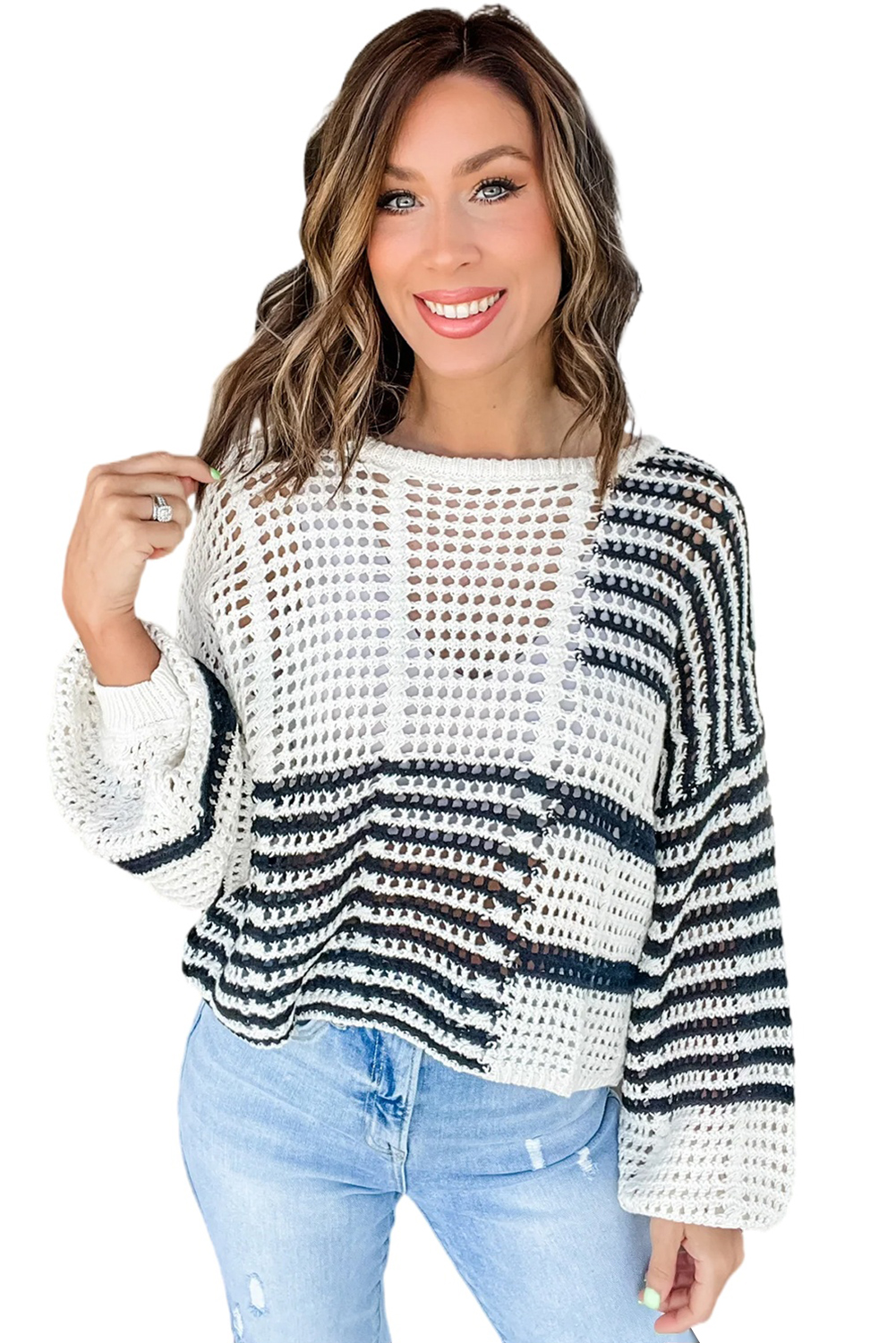 White Stripe Contrast Striped Crochet Puff Sleeve Sweater - loveforevers