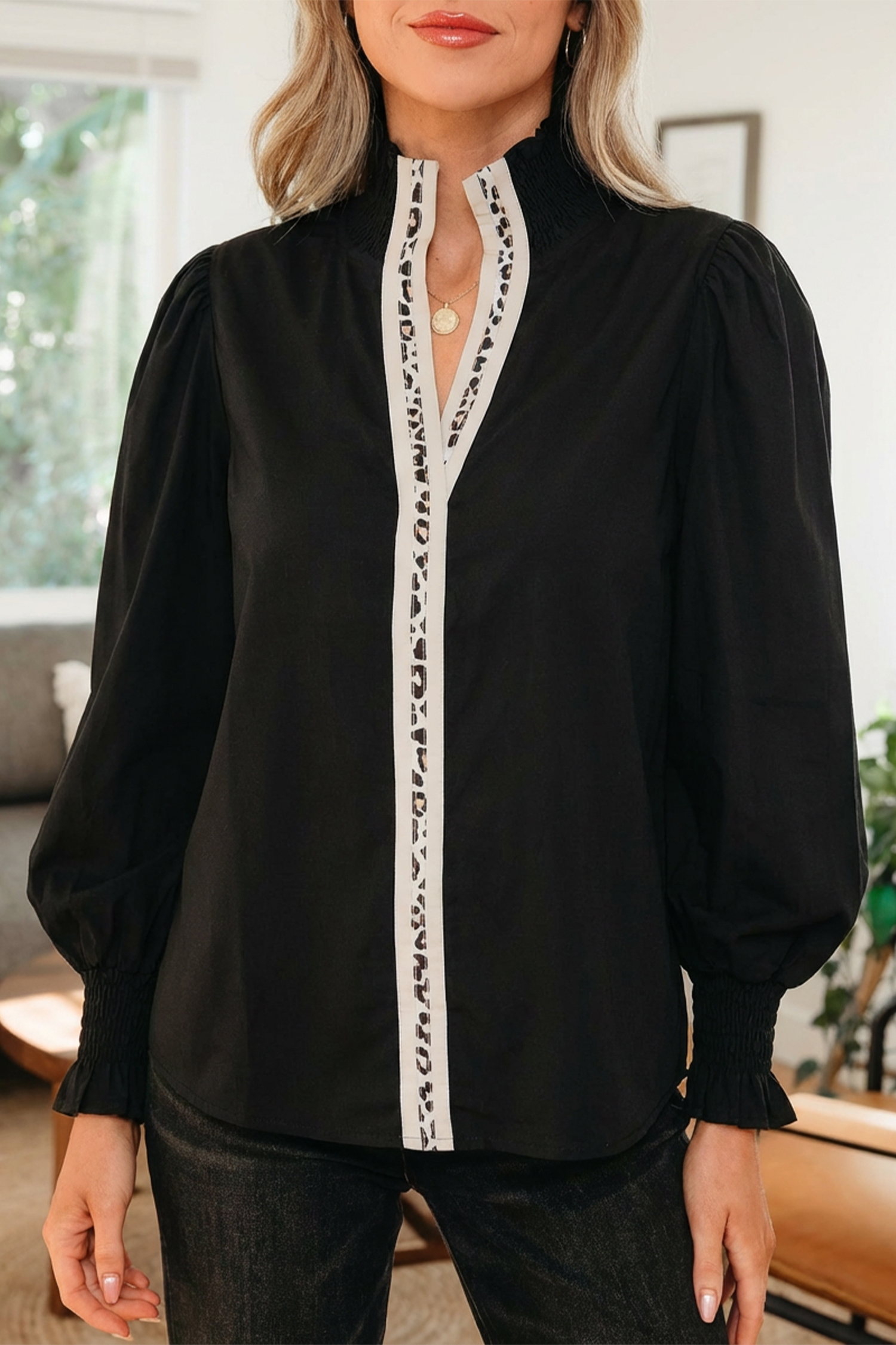 Evergreen Puffy Flounce Sleeve Leopard Trim V Neck Blouse - loveforevers
