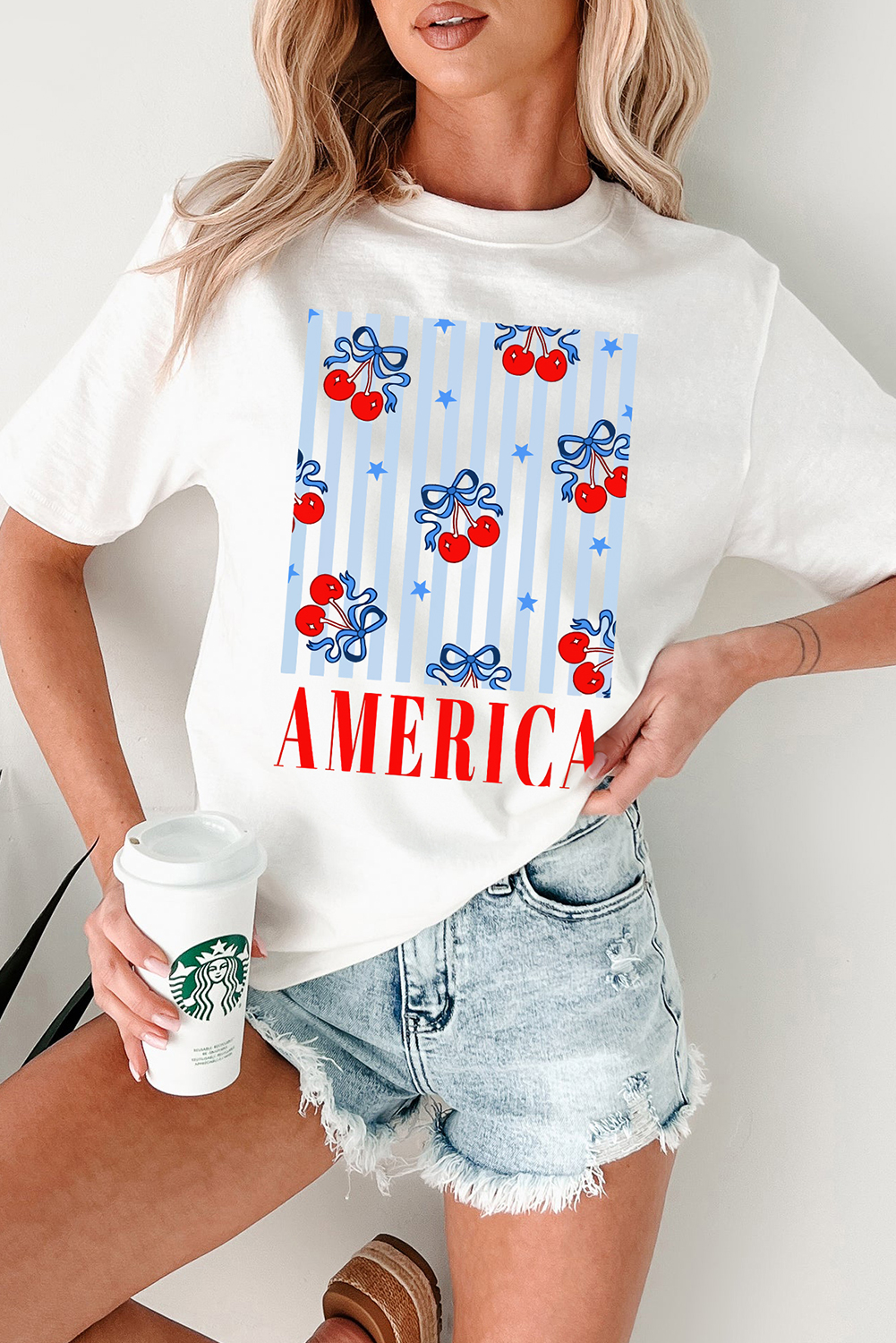 White Bow Cherry AMERICA Graphic Crewneck Patriotic T Shirt - loveforevers