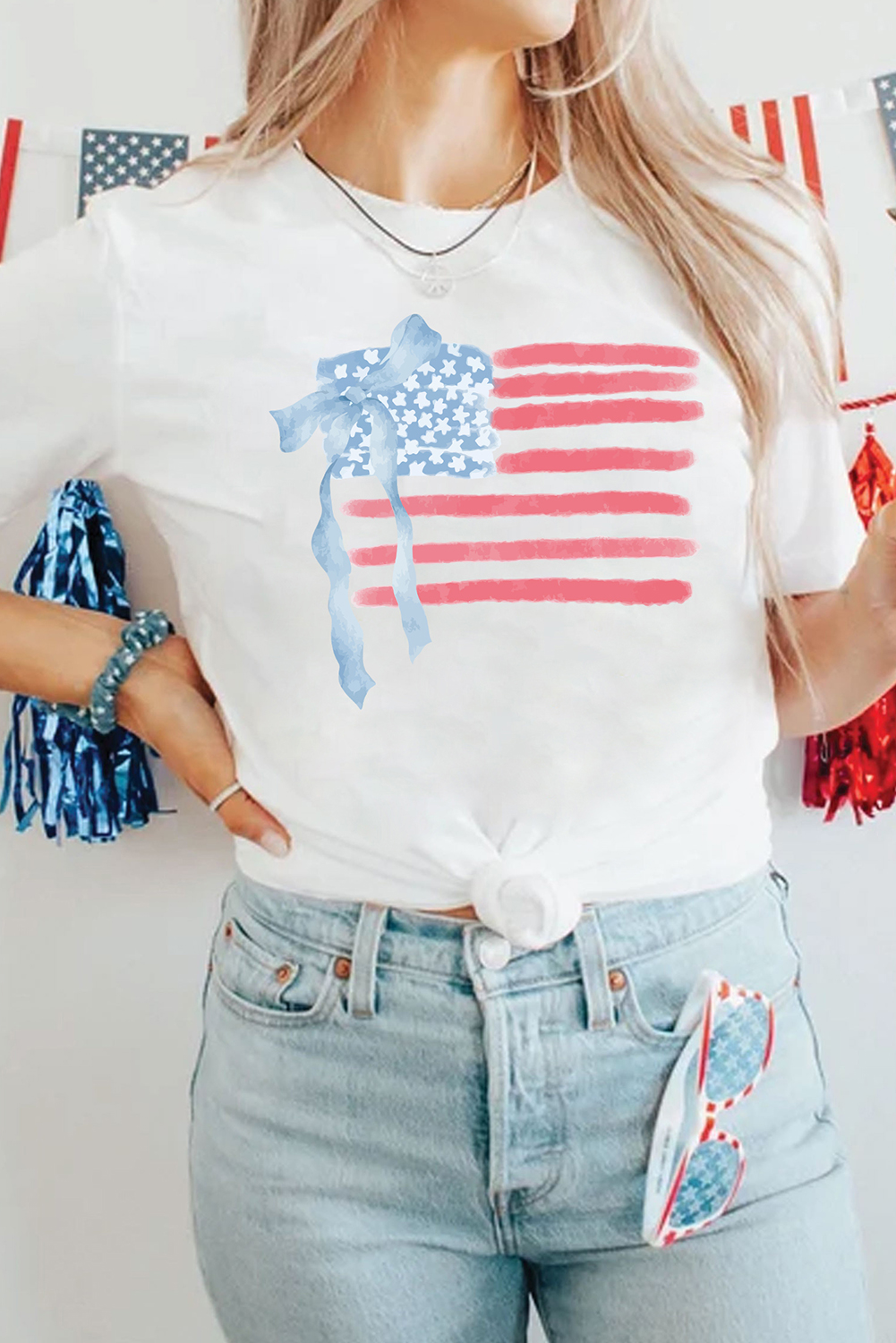 White American Flag Bow Knot Print Crew Neck T Shirt - loveforevers