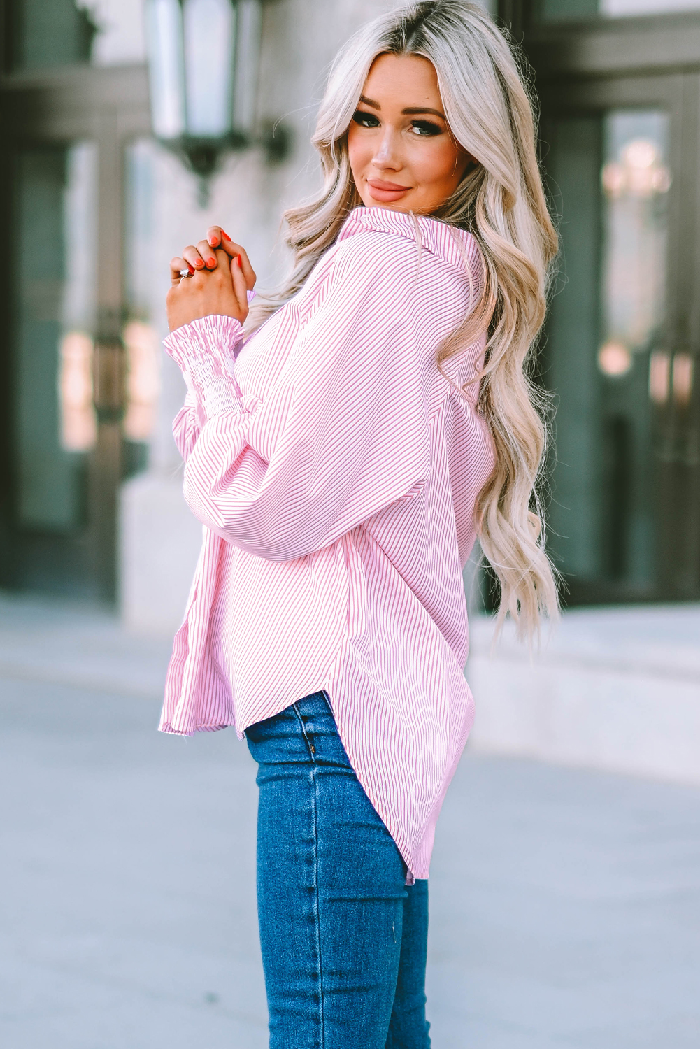 Red Stripe Smocked Cuffed Striped Boyfriend Shirt with Pocket - loveforevers