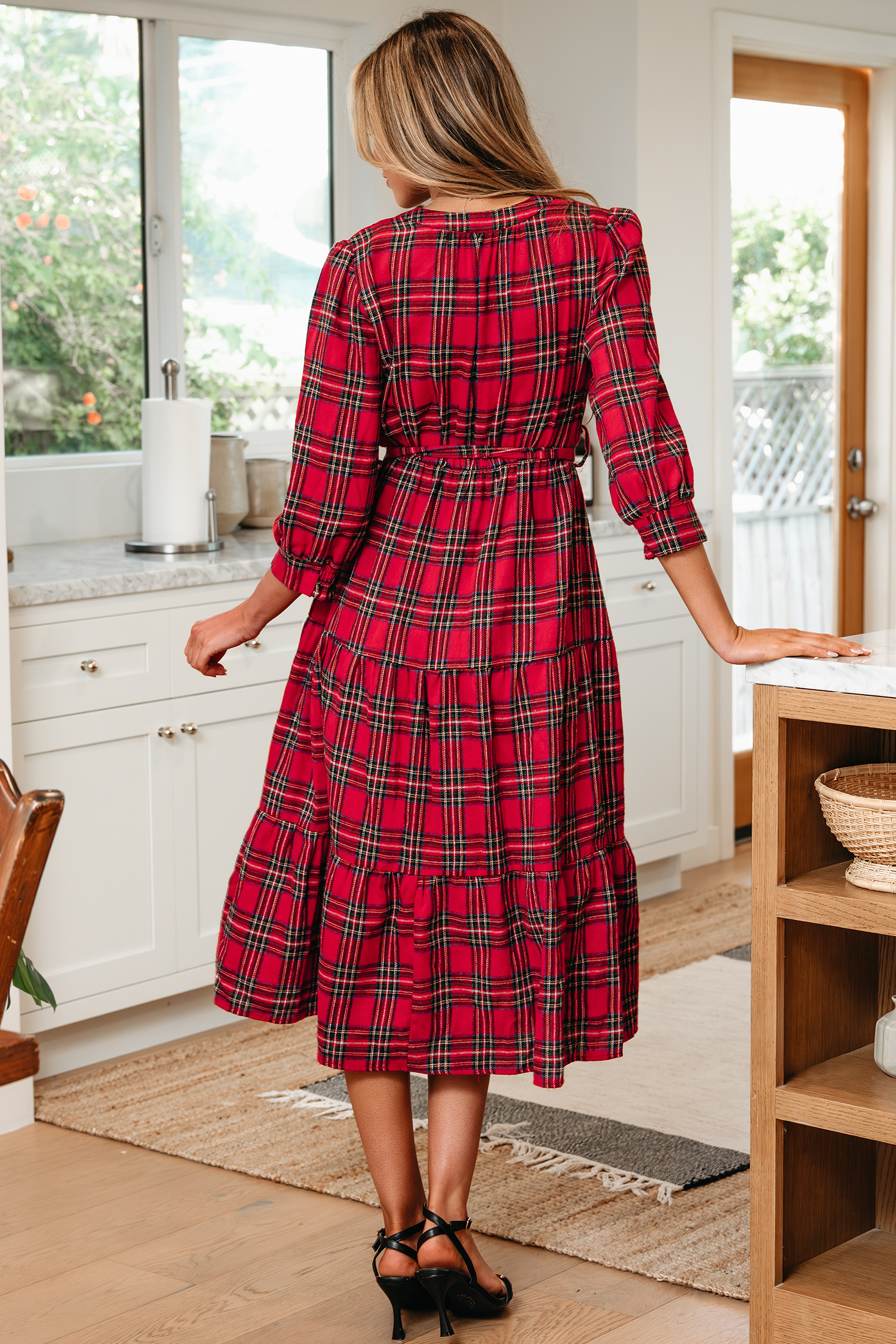 Red Christmas Plaid V Neck 3/4 Sleeve Tie Waist Ruffle Hem Long Dress - loveforevers