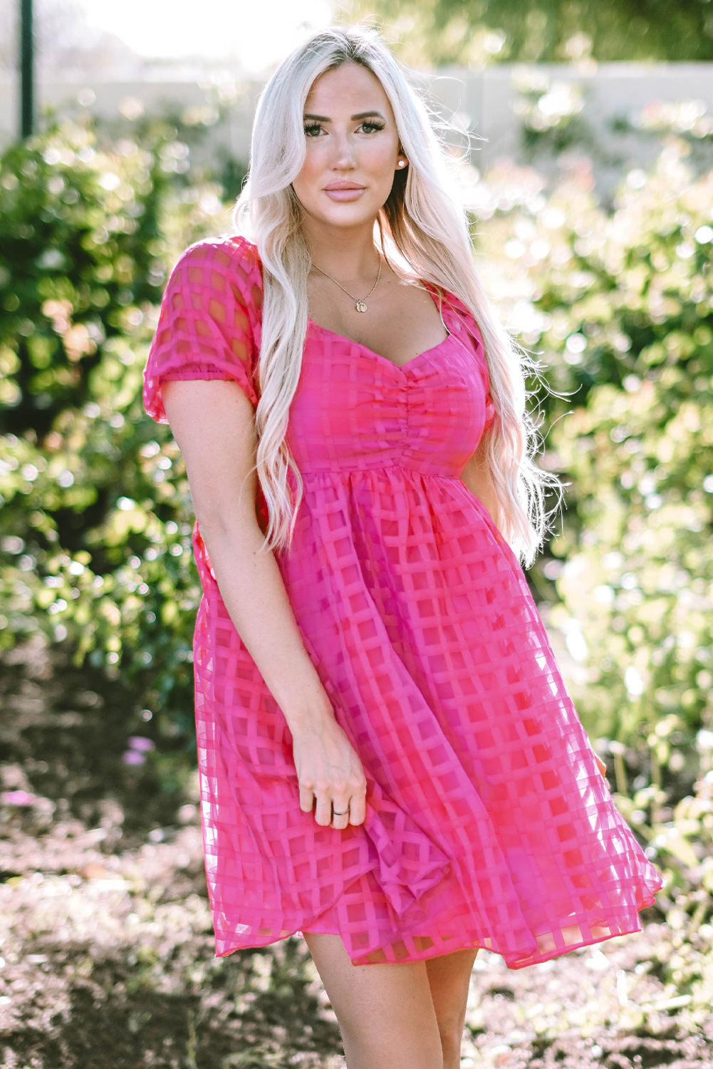 Strawberry Pink Checkered Puff Sleeve Babydoll Dress - loveforevers