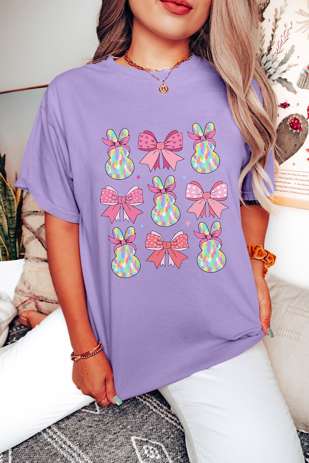 Wisteria Dotty Bowknot Bunny Graphic Crewneck Easter Fashion T Shirt - loveforevers
