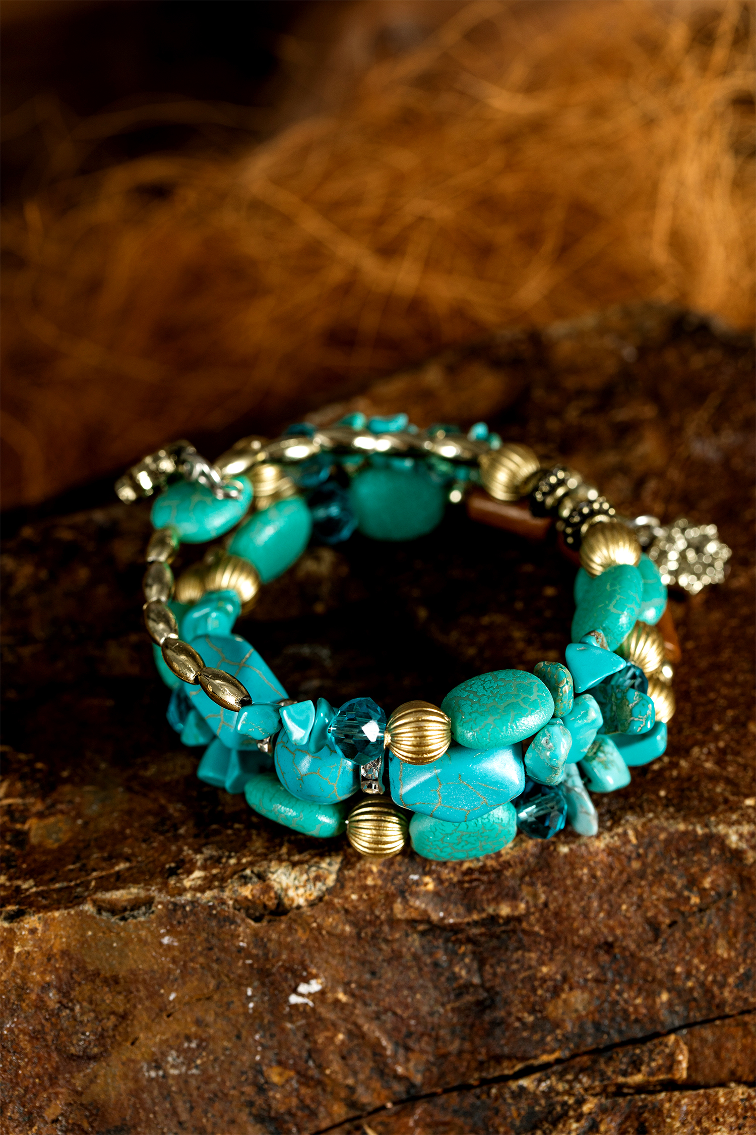 Turquoise Bohemian Style Crystal Stone Plated Bead Multi-Layer Winding Bracelet - loveforevers