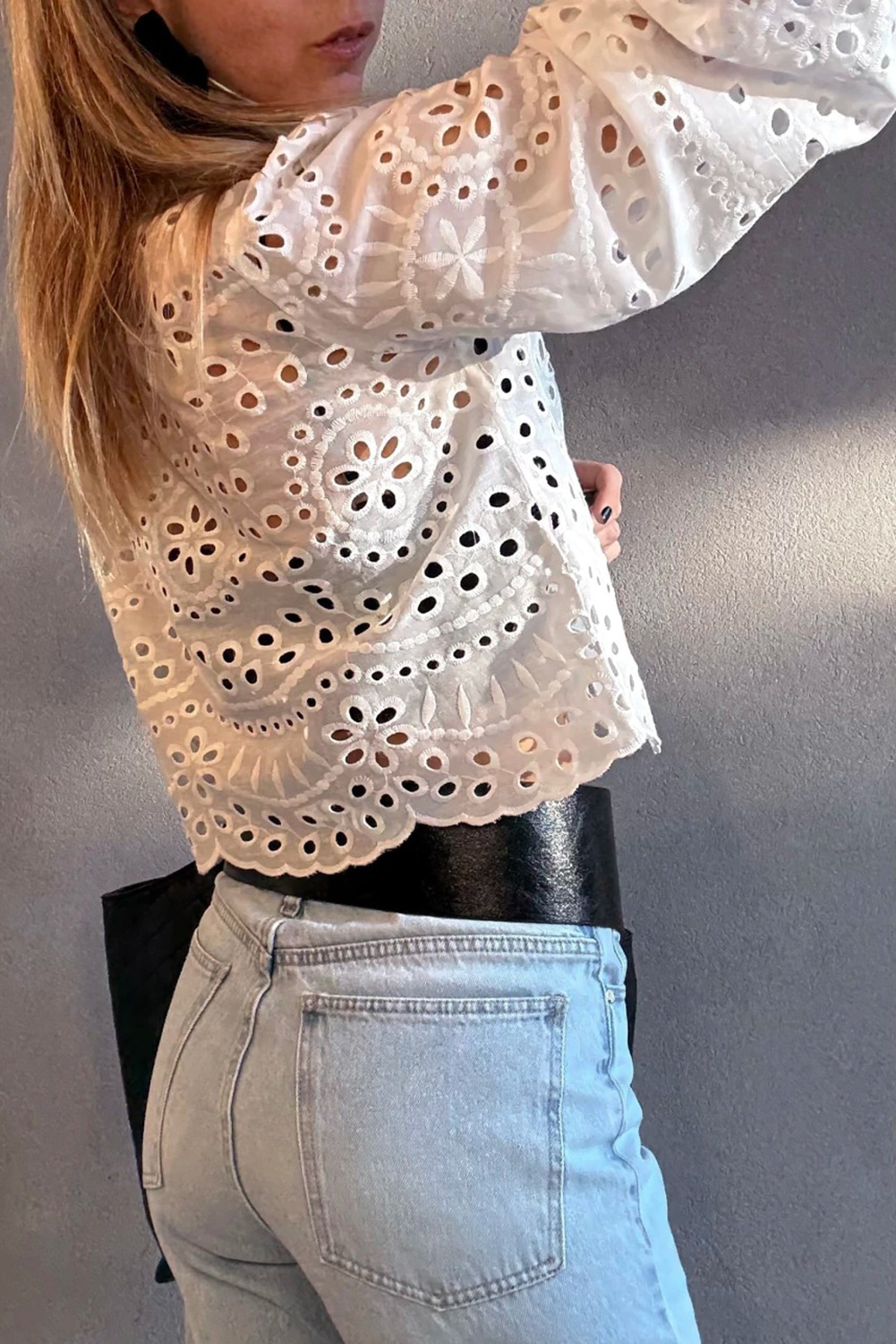White Eyelet Embroidered Puff Sleeve Crop Shirt - loveforevers