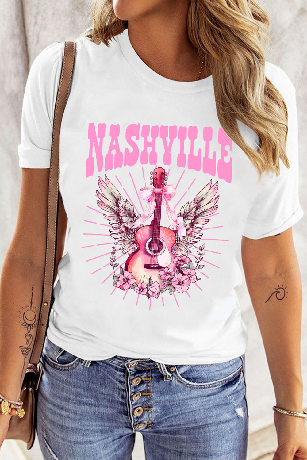 White NASHVILLE Guitar Graphic Music Festival T Shirt - loveforevers