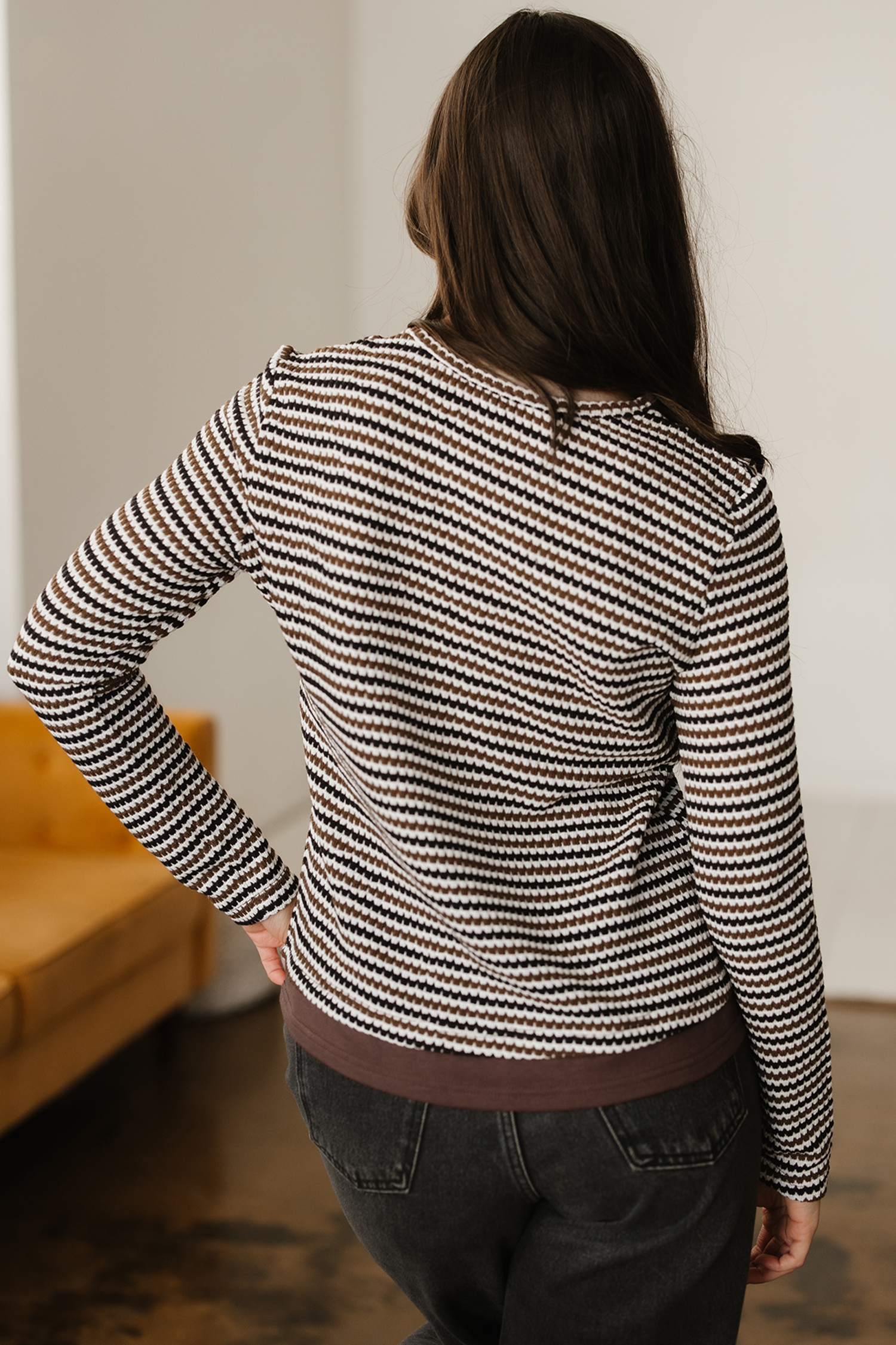 Brown Faux Two Piece Textured Striped Round Neck Long Sleeve T Shirt - loveforevers