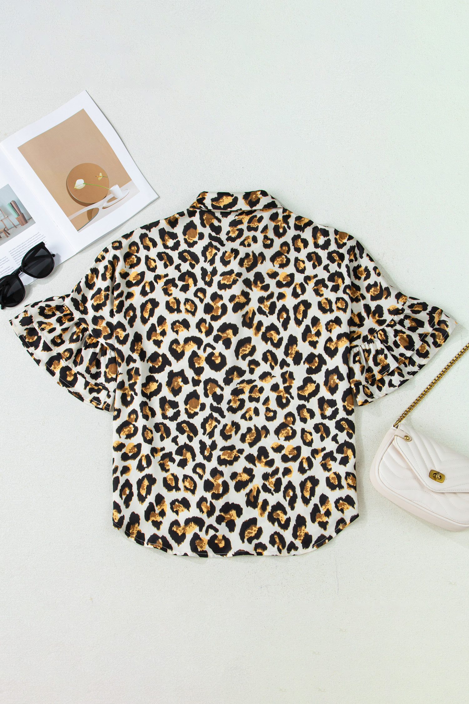 Khaki Leopard Print Ruffle Trim 3/4 Sleeve Loose Shirt - loveforevers