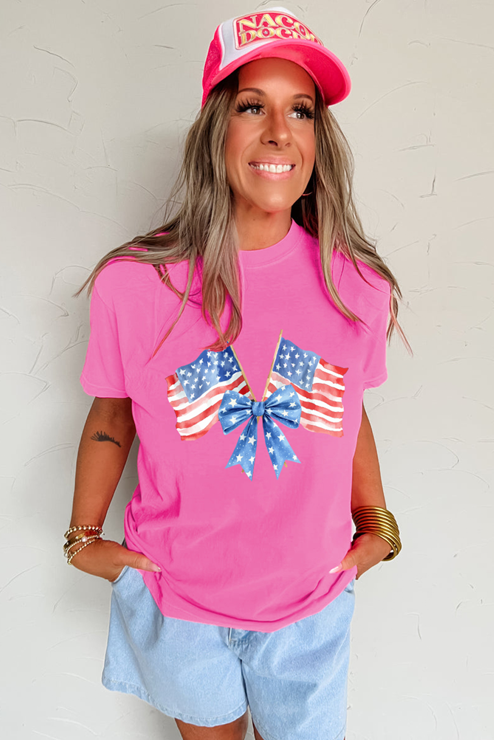 Sachet Pink Dual American Flag Bow Printed Casual T Shirt - loveforevers