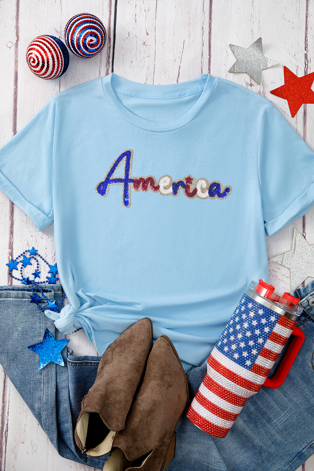 Light Blue Sequin America Graphic Crewneck Patriotic T Shirt - loveforevers