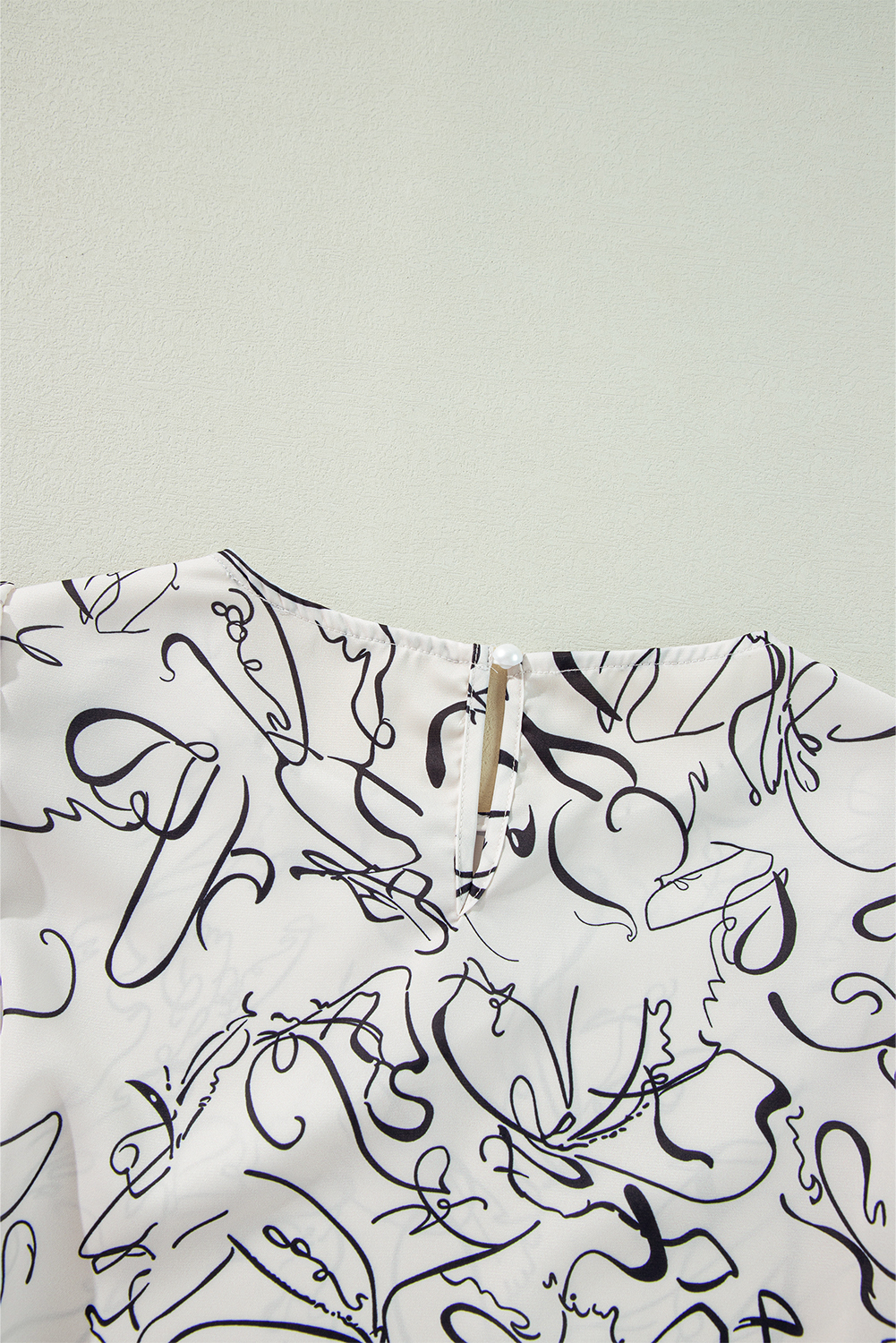 Beige Abstract Print Balloon Sleeve Crew Neck Blouse - loveforevers