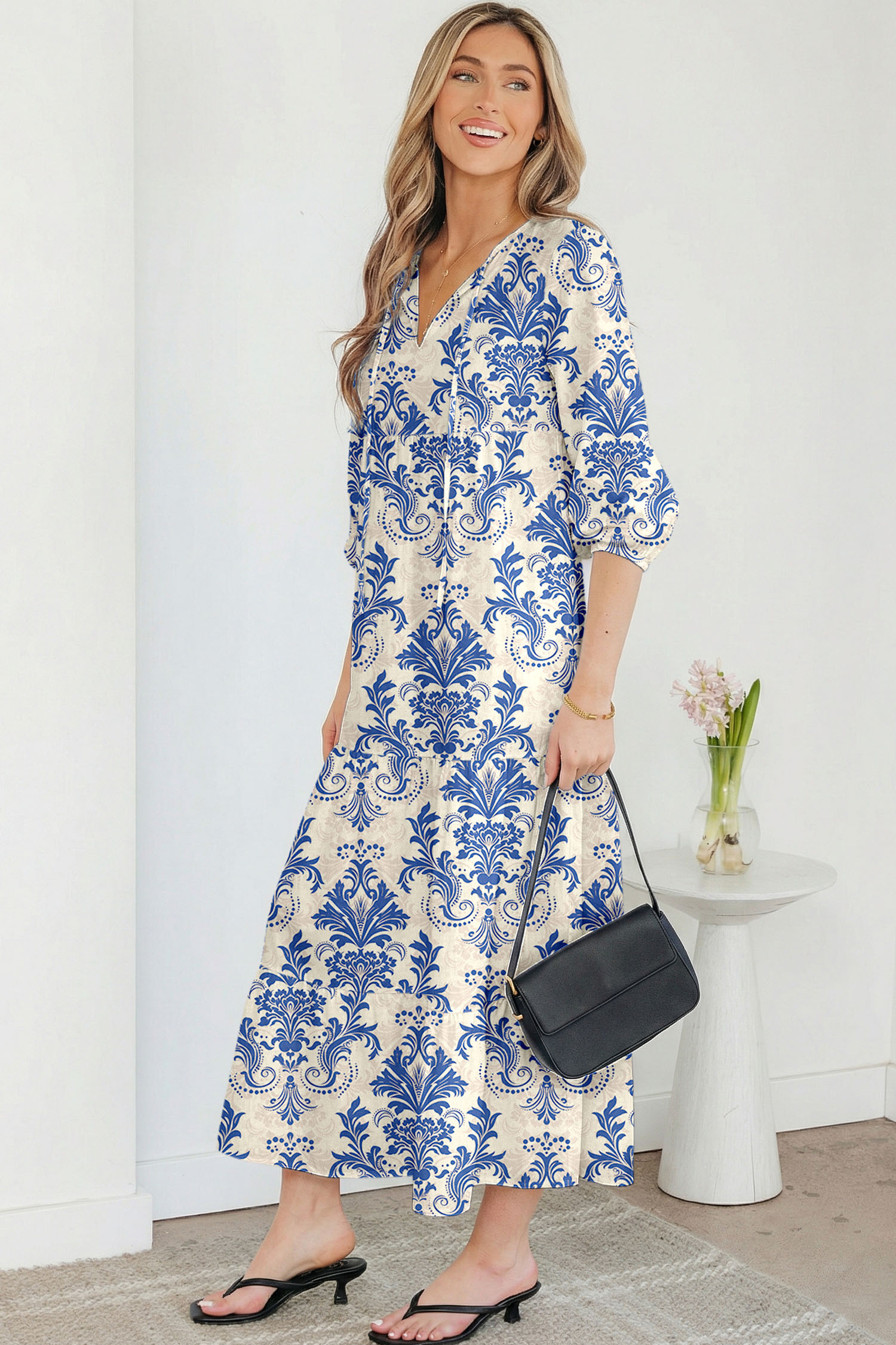 Sky Blue Boho Printed Half Sleeve Maxi Dress - loveforevers