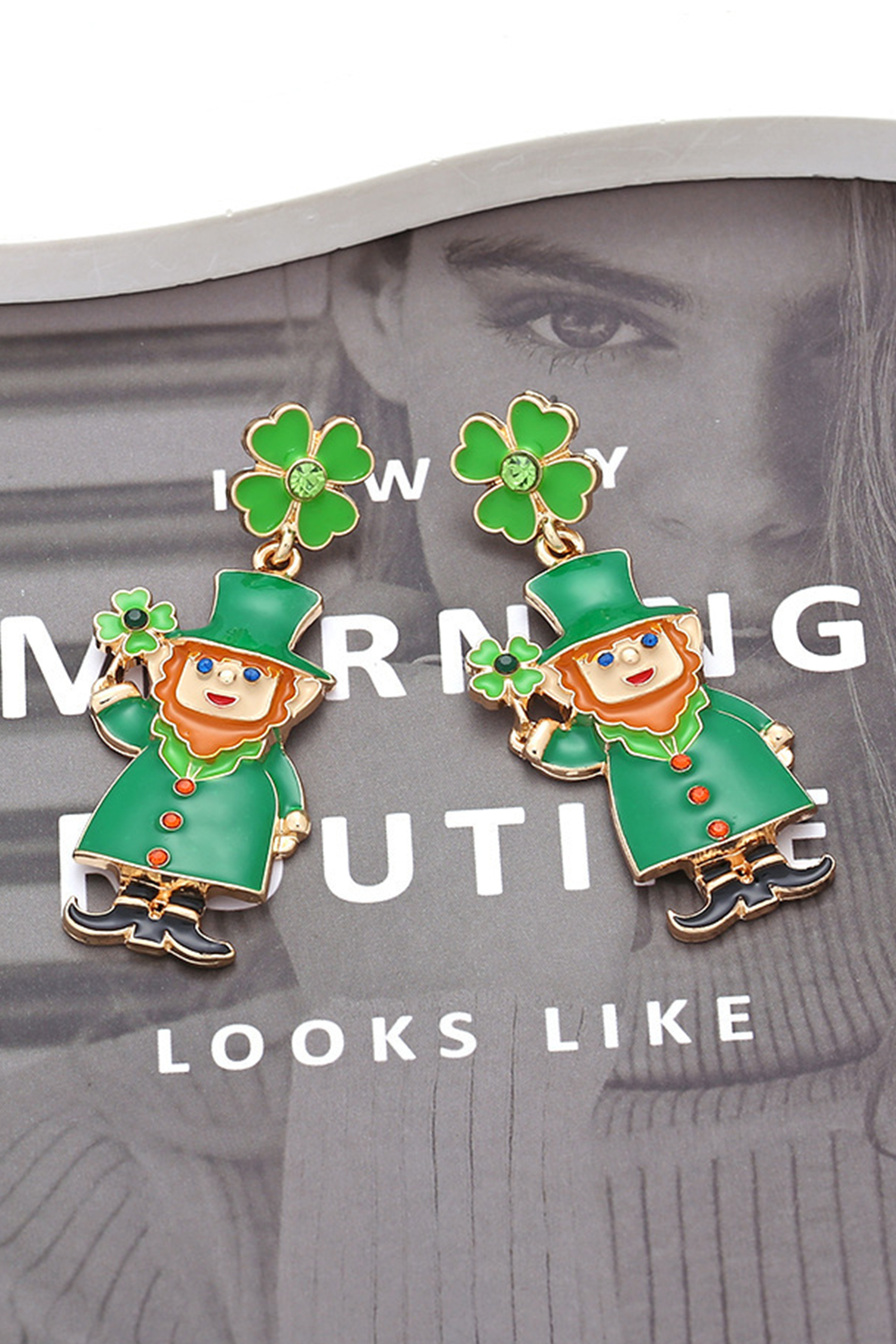 Dark Green St Patricks Day Enameled Leprechaun Drop Earrings - loveforevers
