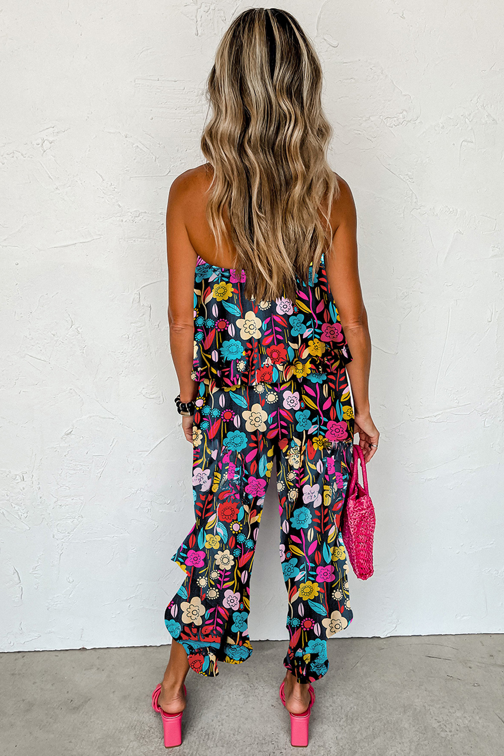 Red Mix Tropical Print Strapless Ruffled Jumpsuit - loveforevers