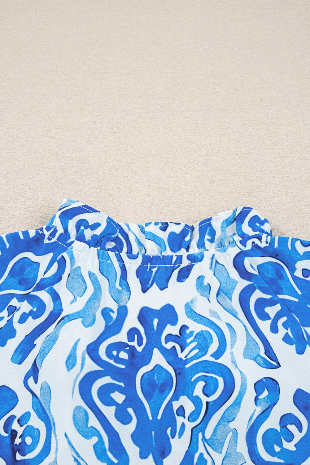 Sky Blue Ethnic Printed Tie Split Neck Button Front Puff Sleeve Shirt - loveforevers