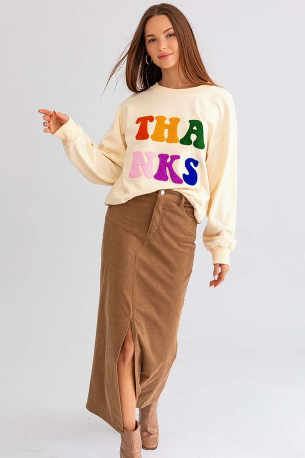 Apricot THANKS Chenille Embroidered Drop Shoulder Graphic Sweatshirt - loveforevers