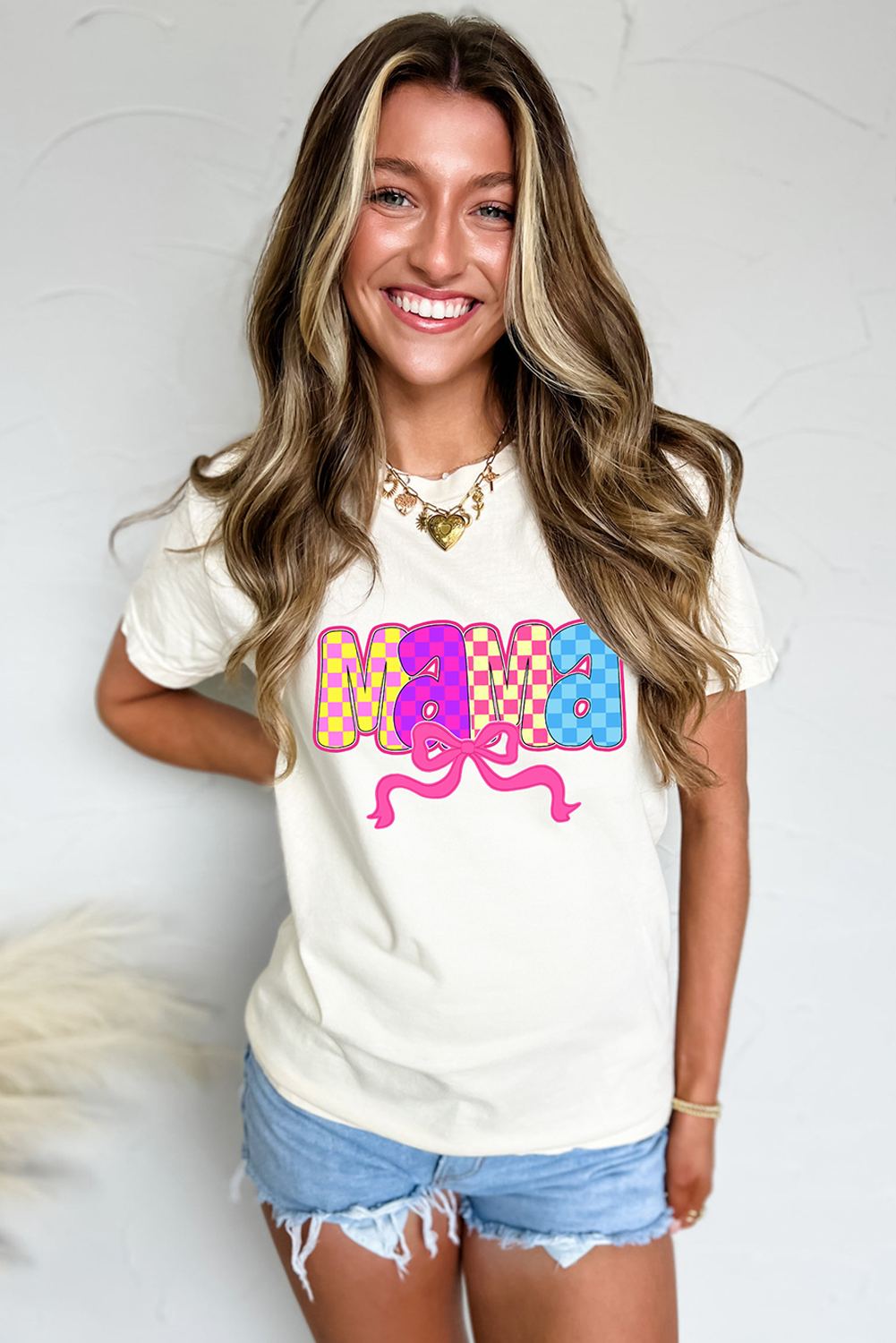 White MAMA Checkered Bow Knot Print Crewneck T Shirt - loveforevers