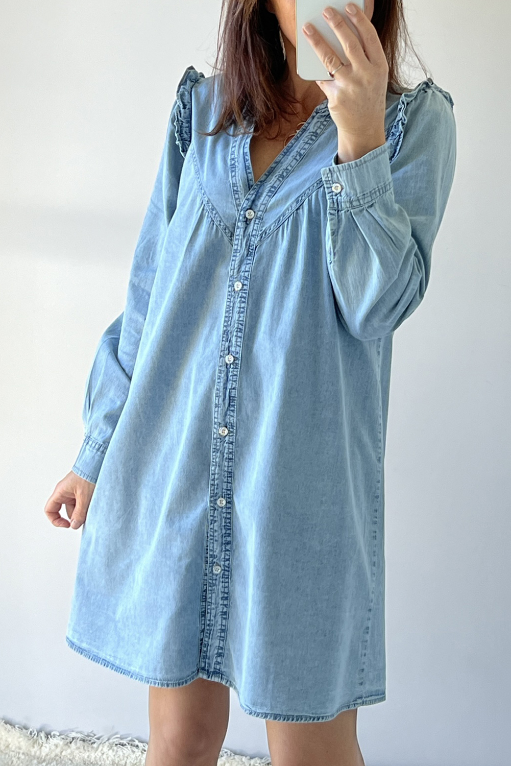 Myosotis Ruffled V Neck Buttoned Shift Denim Dress - loveforevers