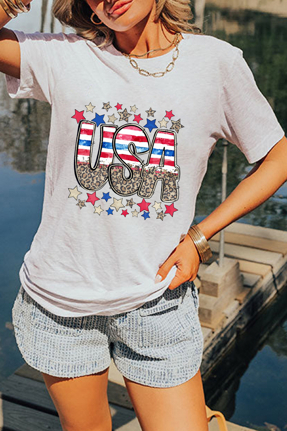 White Patriotic Star Leopard USA Letter Graphic T Shirt - loveforevers