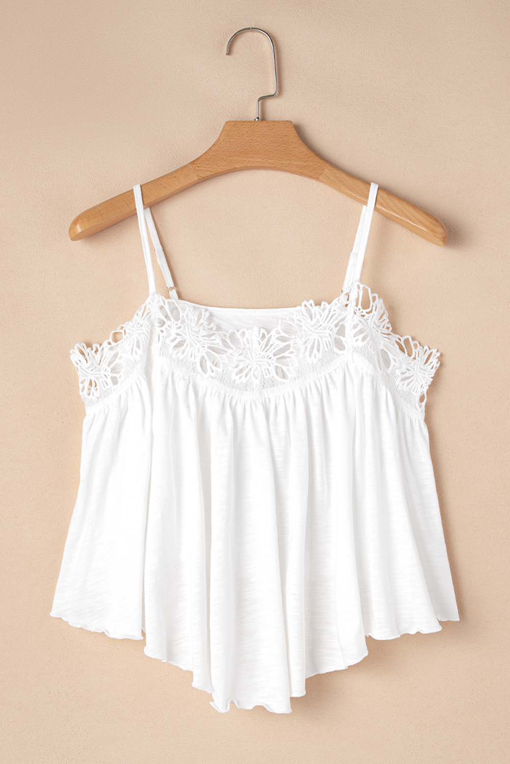White Lace Splicing Spaghetti Straps Ruffle Flared Tank Top - loveforevers