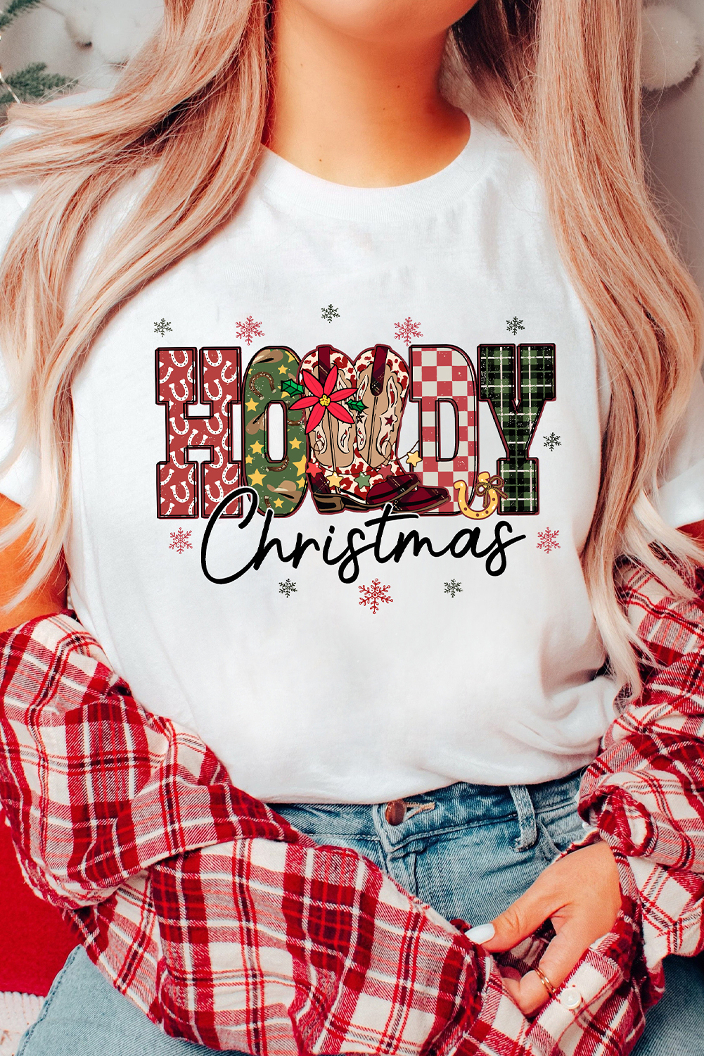 White Western HOWDY Christmas Festive Letter Printed Crew Neck T Shirt - loveforevers