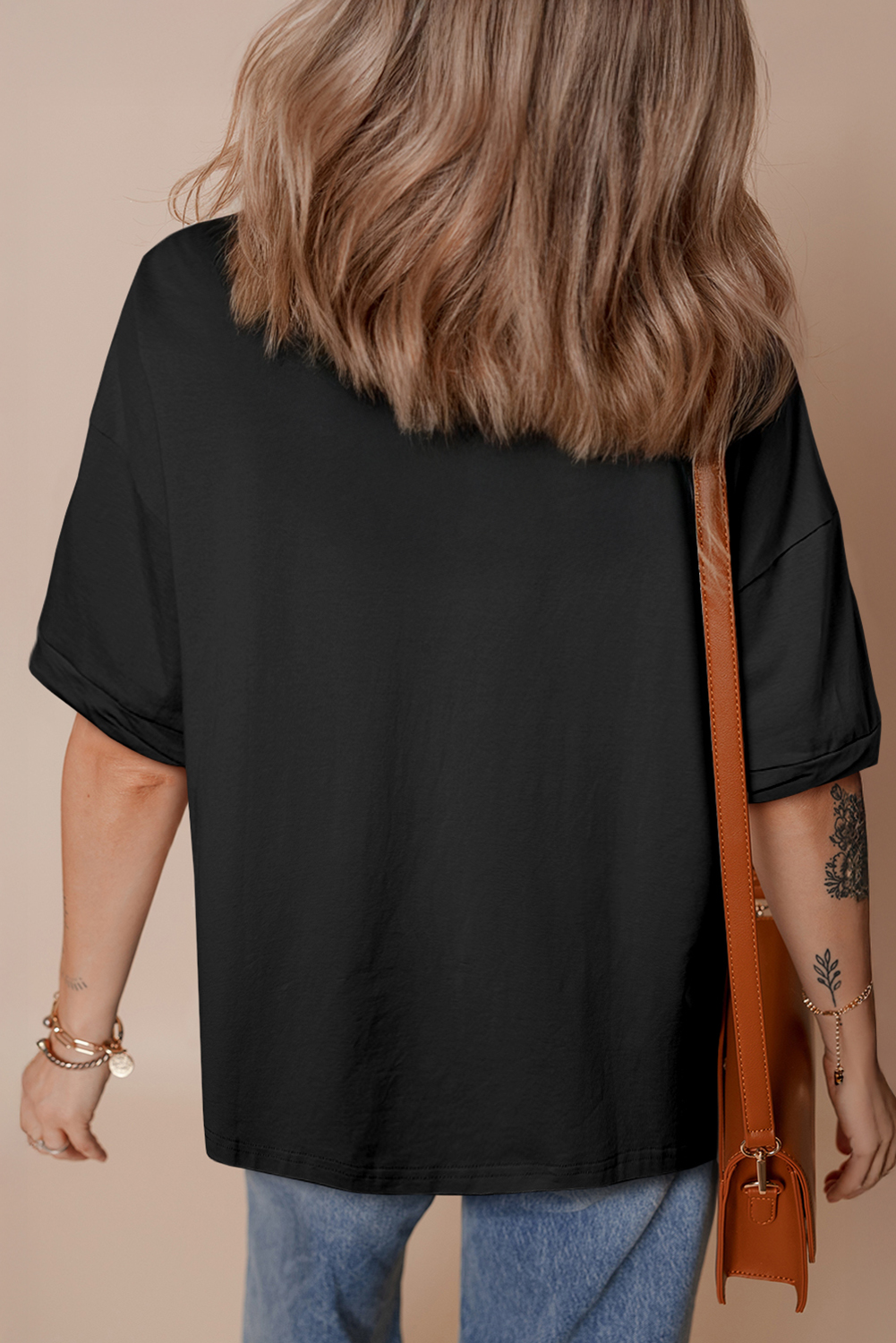 Black Sequin Rugby Football Patched Crewneck Loose T Shirt - loveforevers