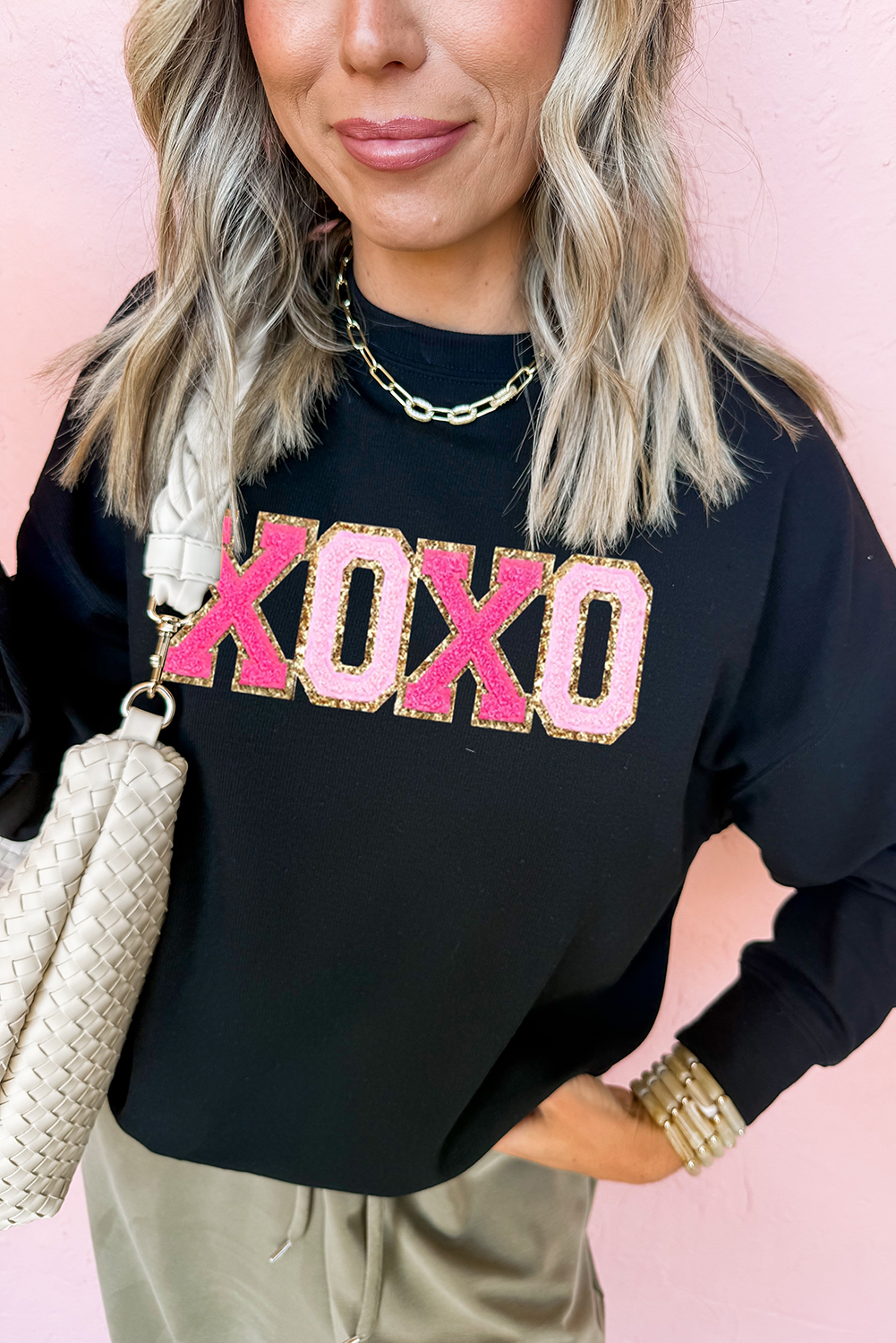 Black Chenille XOXO Patched Drop Shoulder Valentines Pullover Sweatshirt - loveforevers