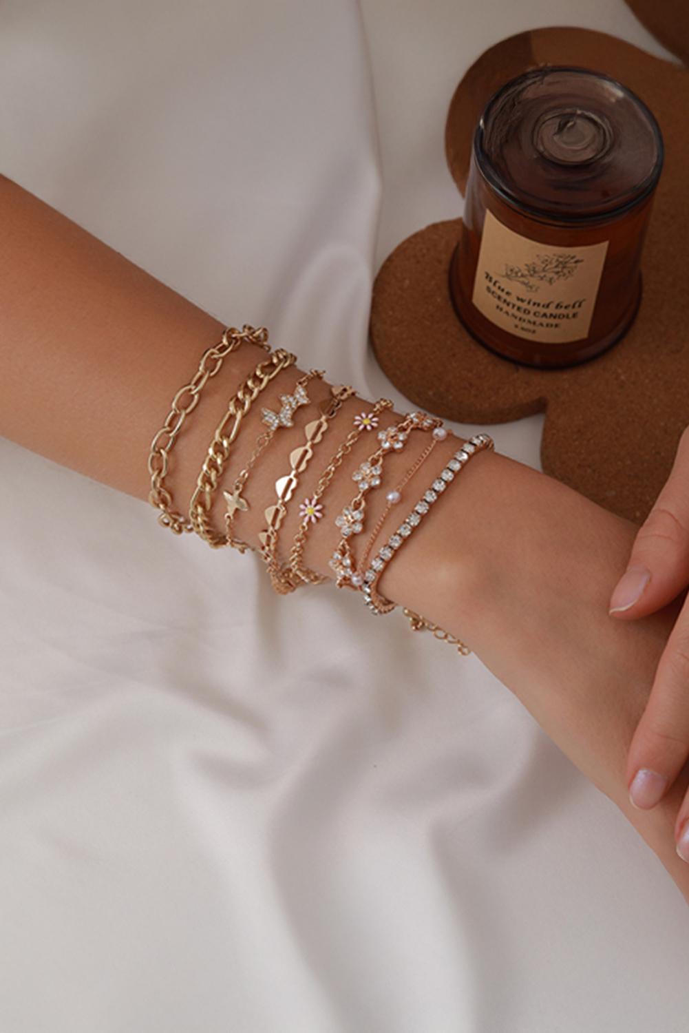 Gold Rhinestone Decor Butterfly Flower Multi Layer Bracelet Set - loveforevers