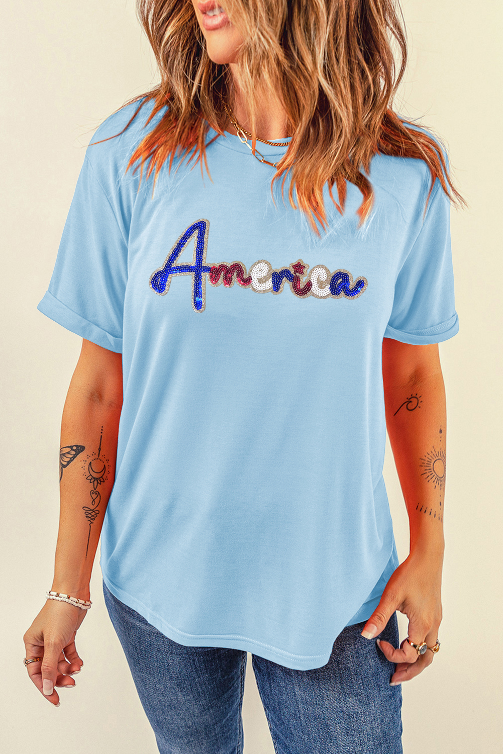 Light Blue Sequin America Graphic Crewneck Patriotic T Shirt - loveforevers