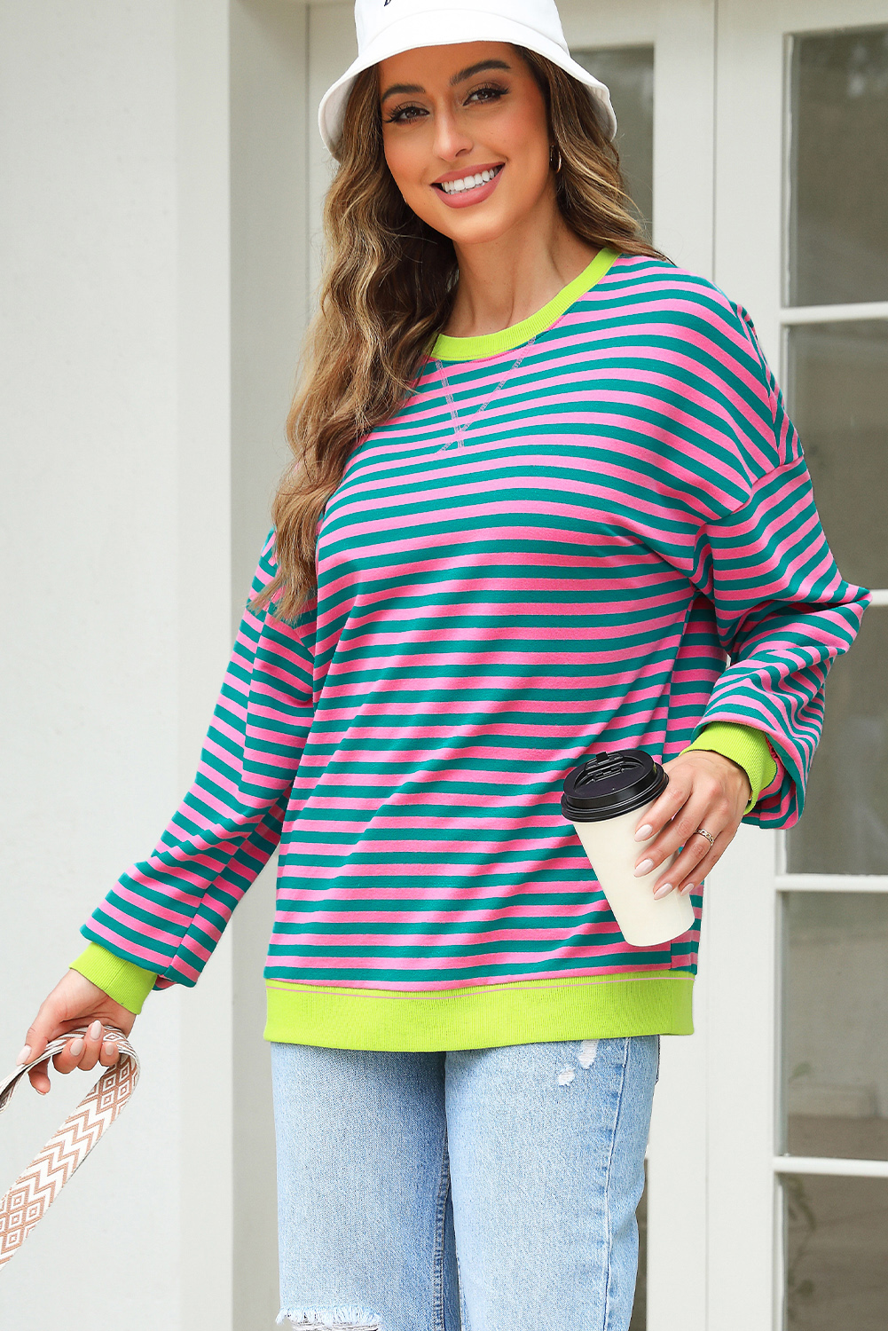 Red Stripe Contrast Ribbed Trim Crossed Stitch Drop Shoulder Sweatshirt - loveforevers