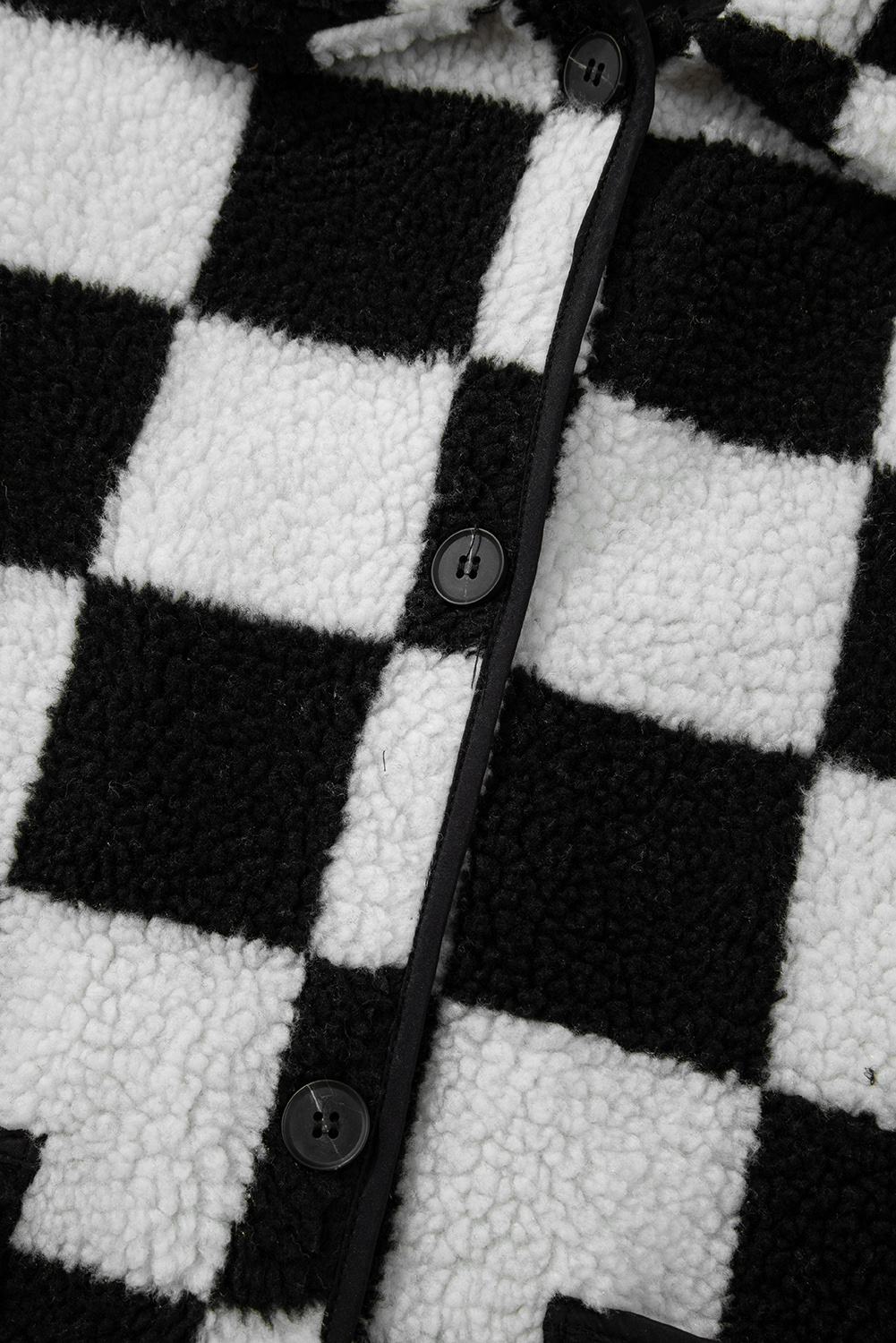 Black Checkered Side Pockets Collared Buttoned Fleece Jacket - loveforevers