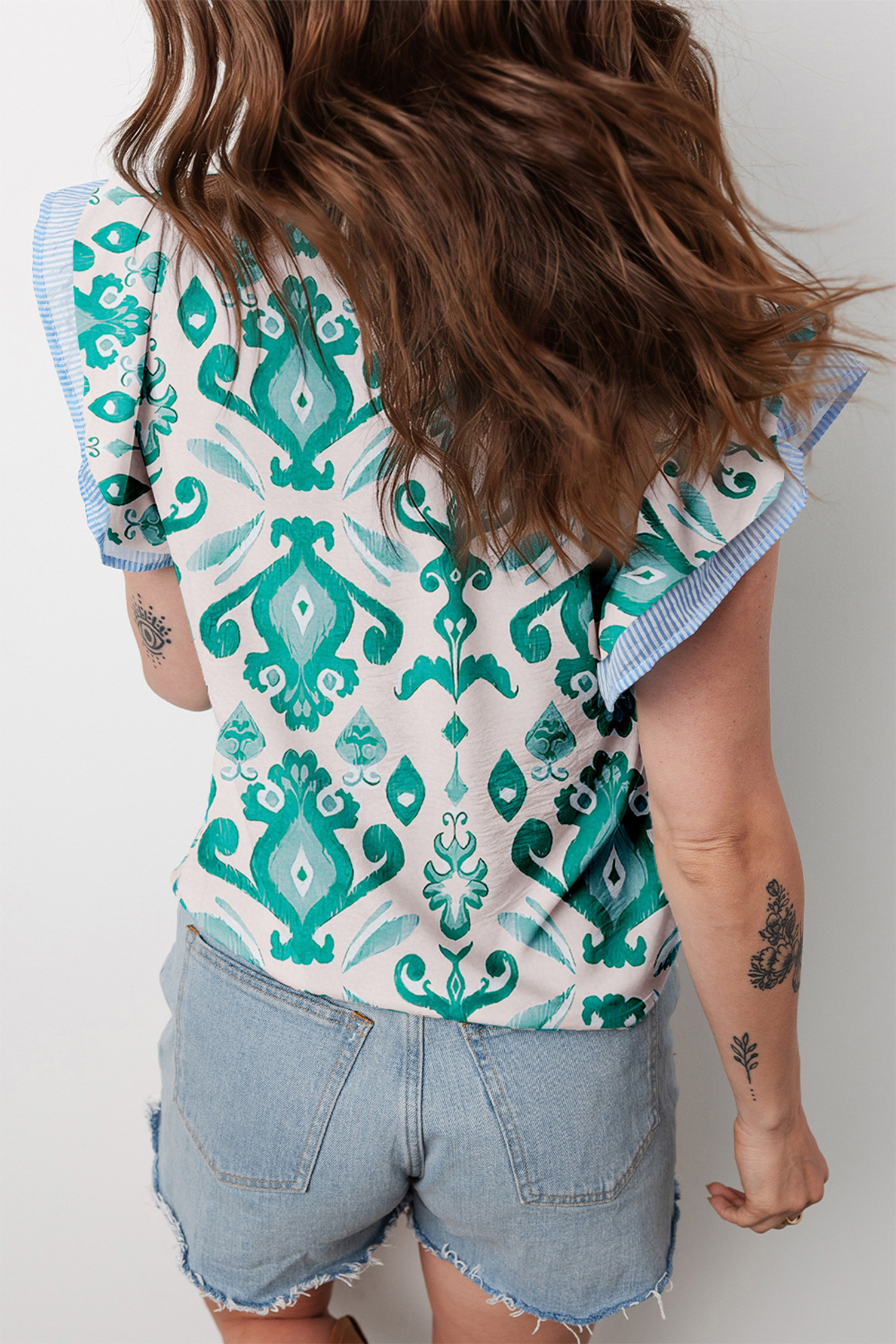 Sky Blue Ethnic Print Striped Trim Flutter Sleeve Top - loveforevers
