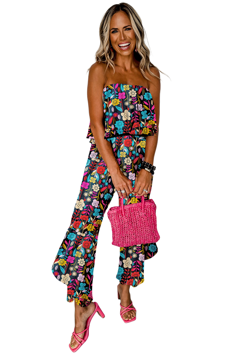 Red Mix Tropical Print Strapless Ruffled Jumpsuit - loveforevers